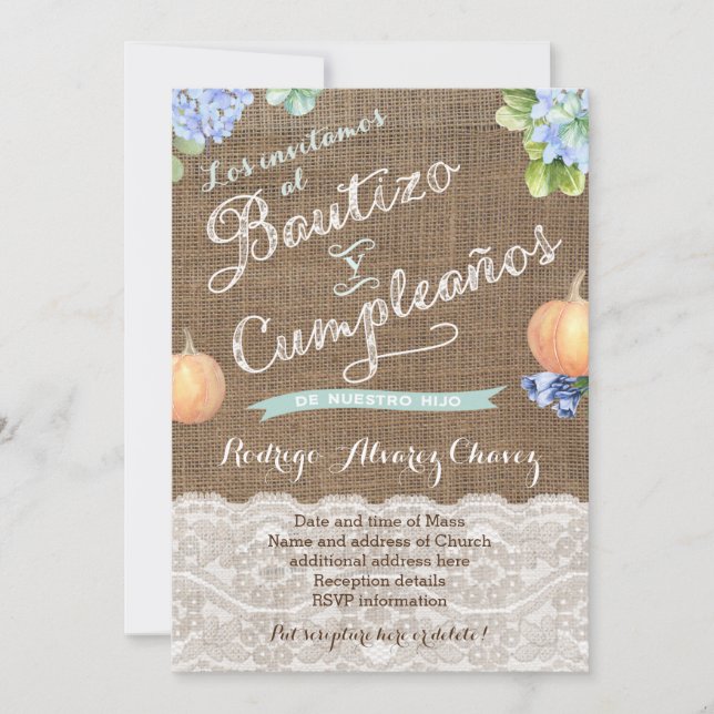 Convites Aniversário Do Batismo De Queda Em Espanhol / Baut (Frente)
