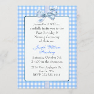 Convites Aniversário do Bebê Azul Gingham e Cerimônia de