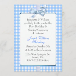 Convites Aniversário do Bebê Azul Gingham e Cerimônia de No