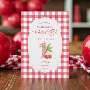 Convites Aniversário do Bebê com Xadrez Vermelho e Cereja
