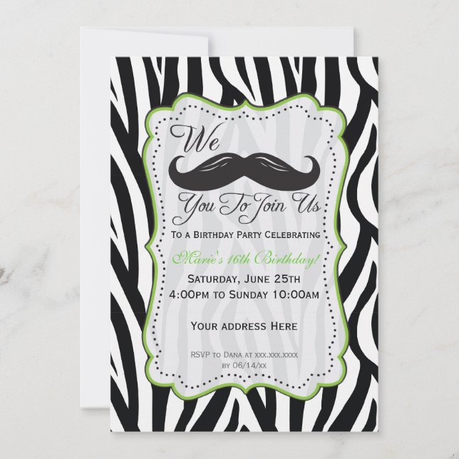 Convites Aniversário do Bigode de Zebra - Preto e Verde Lim (Frente)