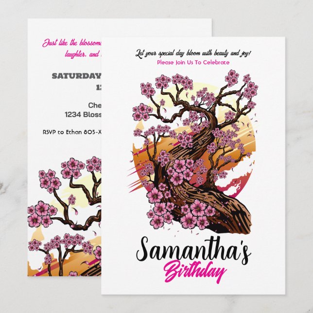 Convites Aniversário do Blossom de Cereja Selvagem (Frente/Verso)