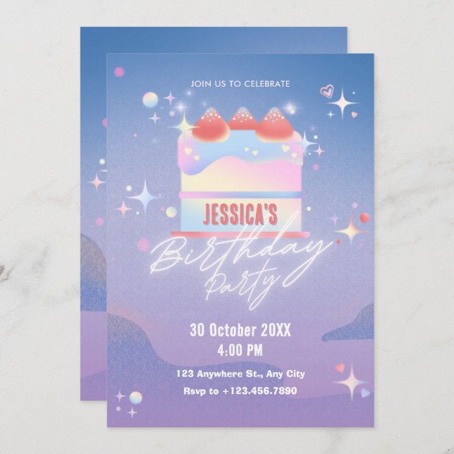 Convites Aniversário do bolo de morango (Frente/Verso)