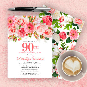 Convites Aniversário do Bonito 90 Floral Rosa de Verão