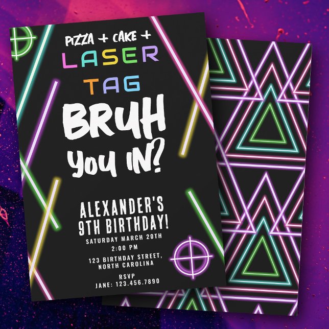 Convites Aniversário do Bruh Boy com Jogo de Laser Neon (Bruh Boy's Birthday Neon Laser Tag Invitation)