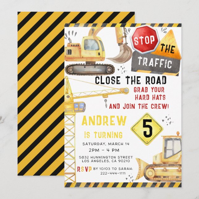 Convites Aniversário do Bulldozer da Construção de Caminhõe (Frente/Verso)