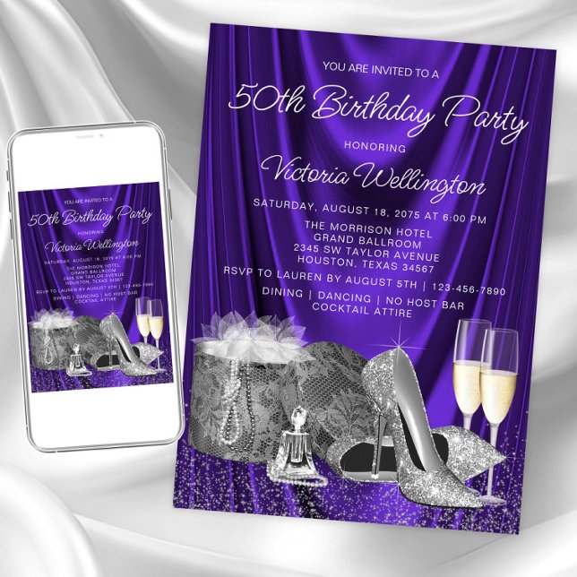 Convites Aniversário do Calçado de prata roxa das mulheres (Womans purple silver any birthday invitation. Instant download and printed invitations available.)