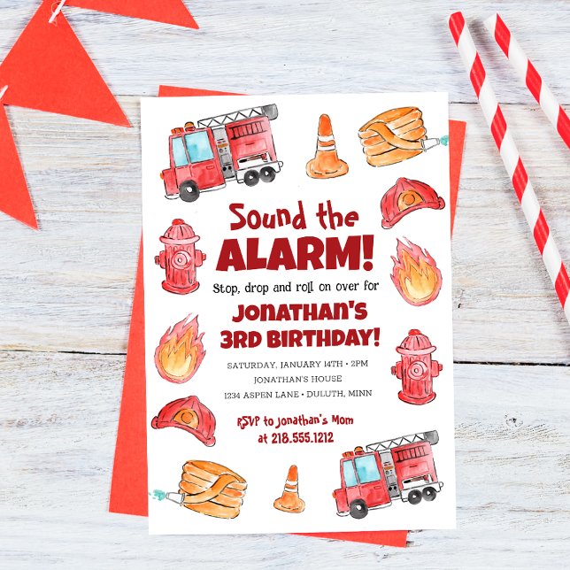 Convites Aniversário do Caminhão de Fogo Desenhado na Mão B (Cute Hand Drawn Fire Truck Birthday Invitation)