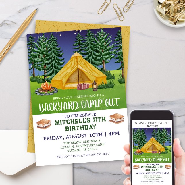 Convites Aniversário do Campo de Smores ao ar livre (Modern Camping Outdoors Backyard Campout Birthday Party Invitation for Kids or Family Camping Trip)
