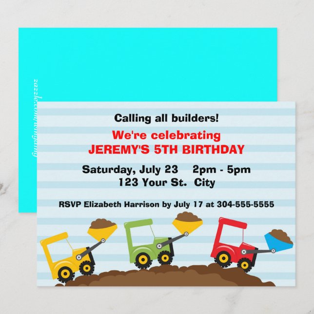 Convites Aniversário do canteiro de obras dos miúdos (Frente/Verso)
