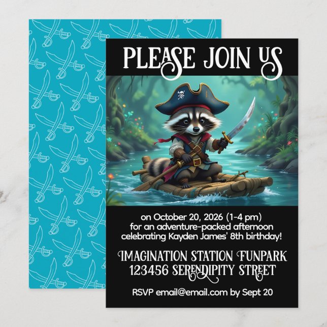 Convites Aniversário do Capitão Raccoon Rafando Meninos (Frente/Verso)