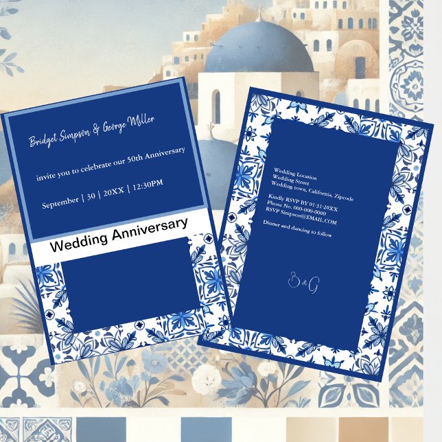 Convites Aniversário do Casamento Azul e Branco da Grécia e (Criador carregado)