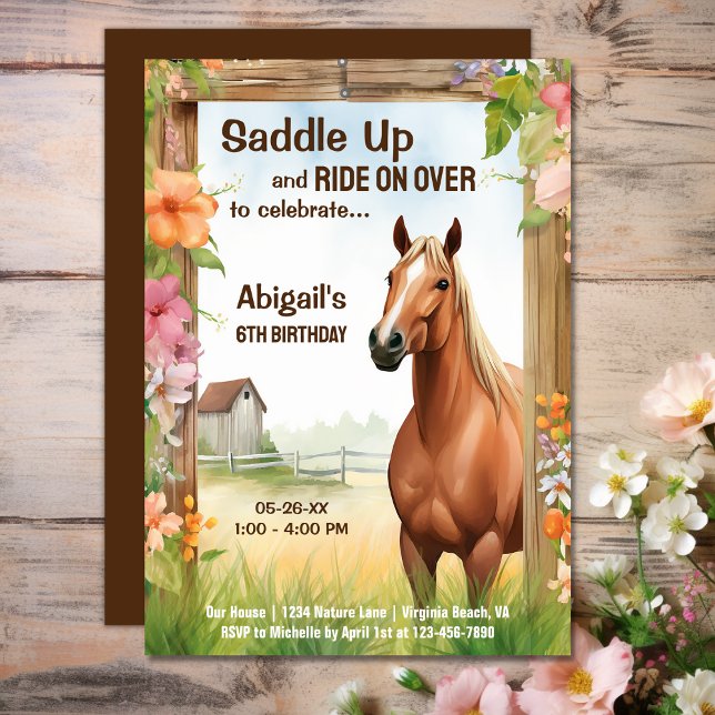 Convites Aniversário do Cavalo Bonito e Flores (Saddle Up Pretty Horse and Flowers Birthday Invitation)