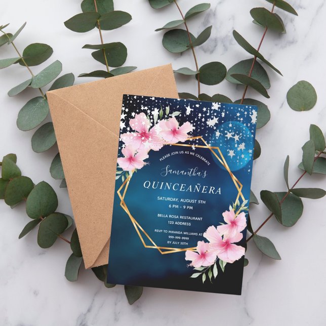 Convites Aniversário do céu azul estrelas cor-de-rosa do ou (Criador carregado)