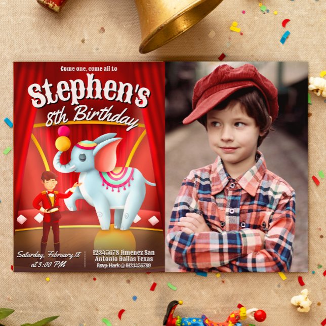 Convites Aniversário do Circo Moderno com Foto (Circus Birthday Landscape  Invitation with Photo)