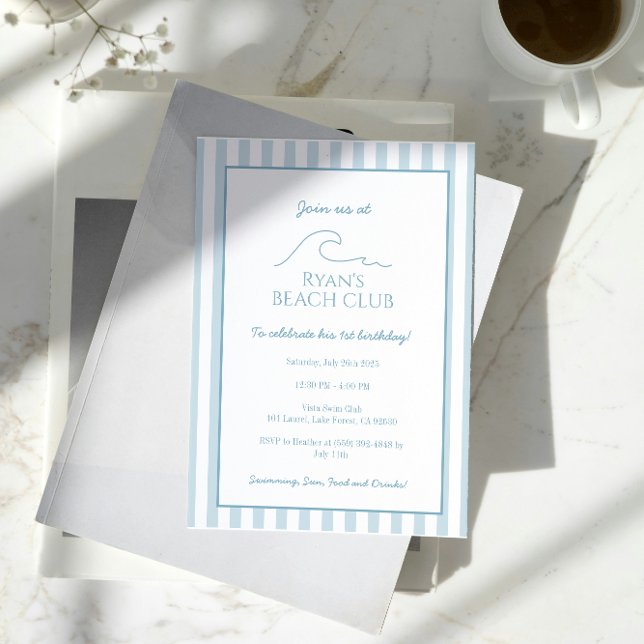 Convites Aniversário do Clube de Praia de Stripe Branco e A (Criador carregado)