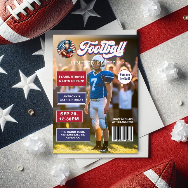 Convites Aniversário do Cobrir da revista American Boy Foot (All American Boy Football Magazine Cover Birthday Invitation)