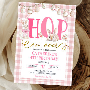 Convites Aniversário do Coelho Gingham Boho Floral Hop on o
