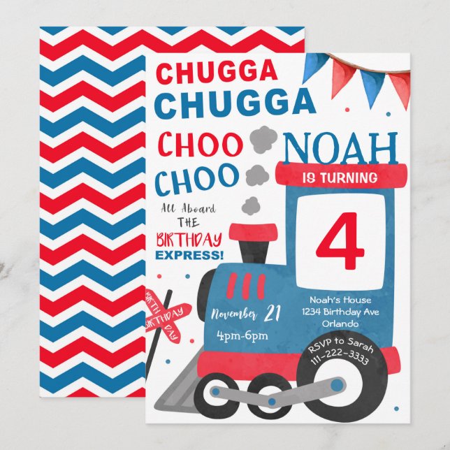 Convites Aniversário do Comboio Vermelho Azul com Aquarela (Frente/Verso)