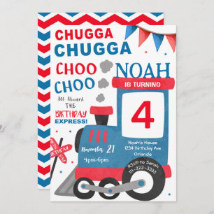 Convites Aniversário do Comboio Vermelho Azul com Aquarela