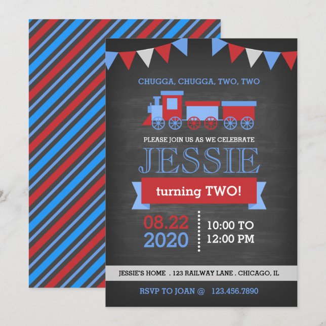 Convites Aniversário do comboio vermelho e azul (Frente/Verso)