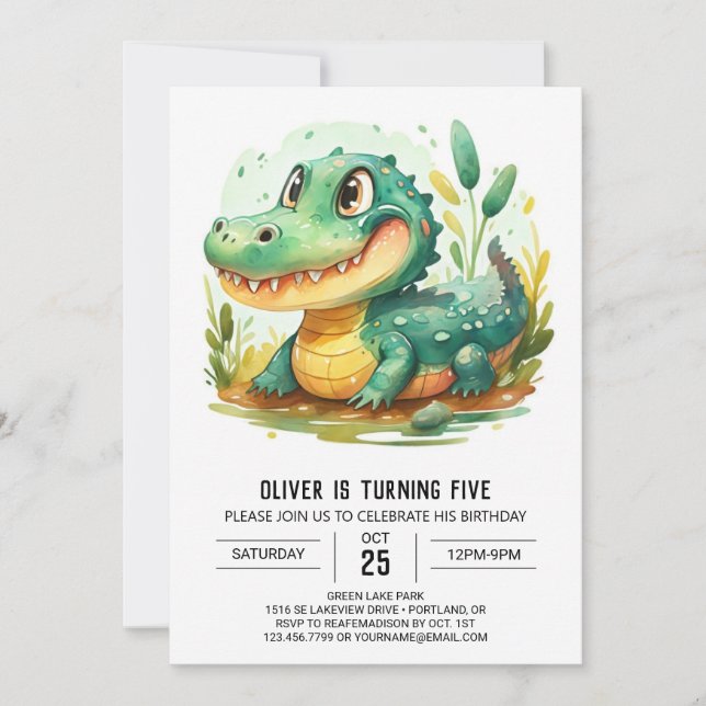 Convites Aniversário do Crocodilo de Cartoon Personalizado (Frente)