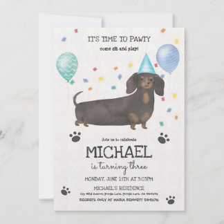 Convites Aniversário do Dachshund Blue Lets Pawty