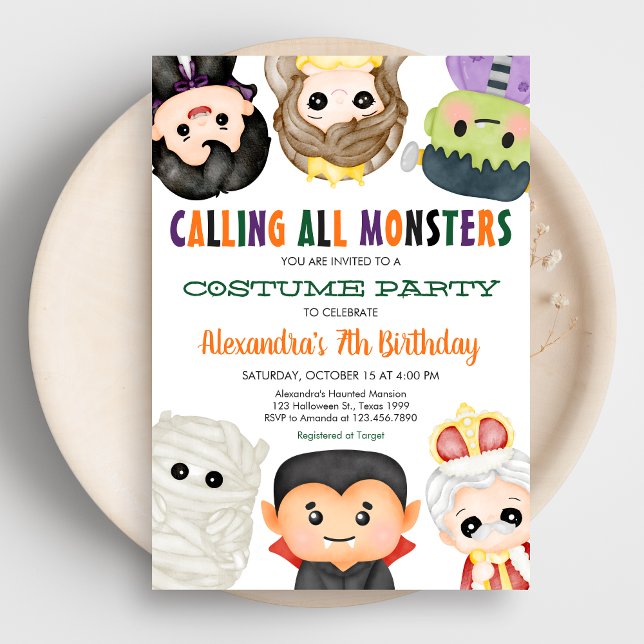 Convites Aniversário do Dia das Bruxas de Figuras Spooky (Calling All Monsters Costume Halloween Birthday Party Invitation)