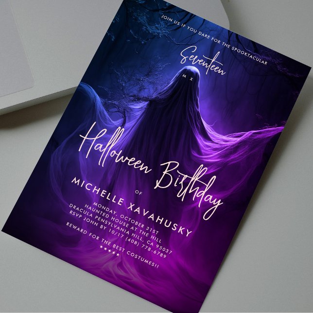 Convites Aniversário do Dia das Bruxas do Adulto Fantasma A (Adult Halloween Birthday Ghost Blue Purple Pink Invitation
)