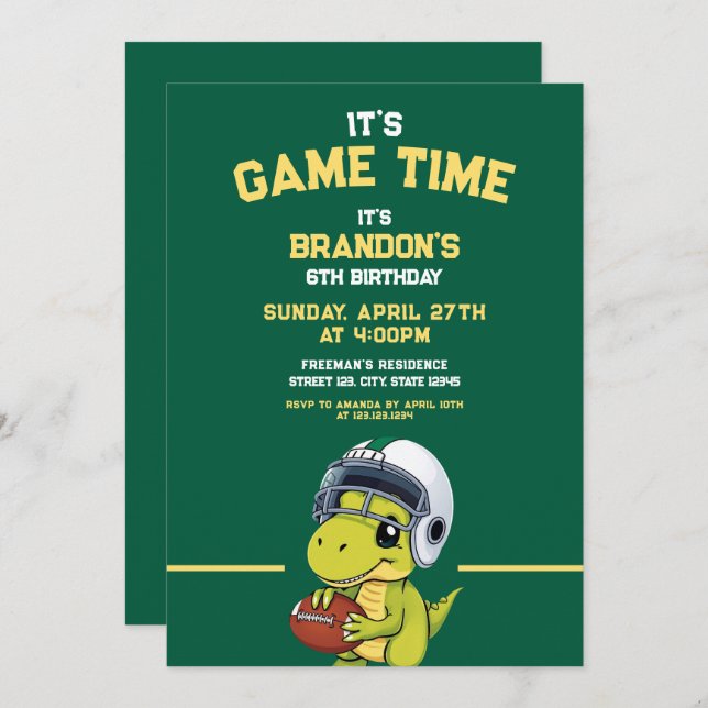 Convites Aniversário do Dinossauro de Futebol Verde e Amare (Frente/Verso)