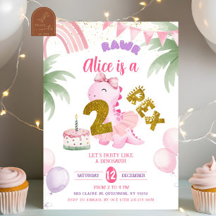Convites Aniversário do Dinossauro Pastel Rosa 2-rex Rawr