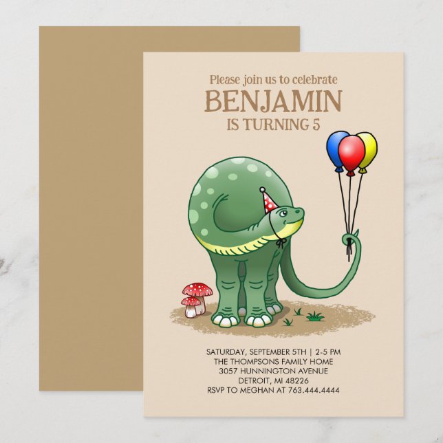 Convites Aniversário do Dinossauro segurando Balões (Frente/Verso)