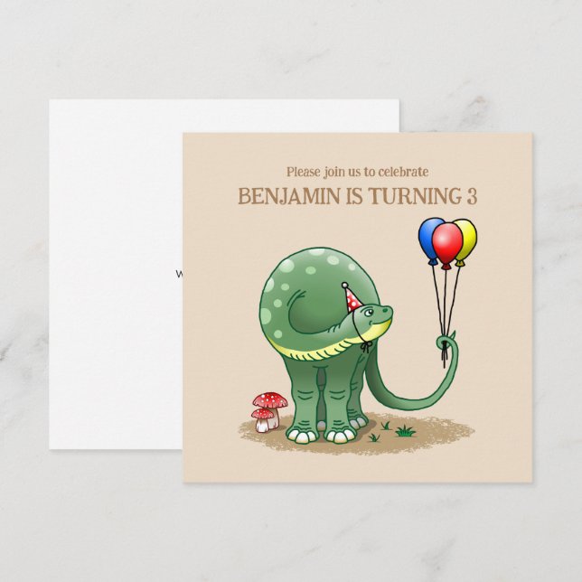 Convites Aniversário do Dinossauro segurando Balões (Frente/Verso)