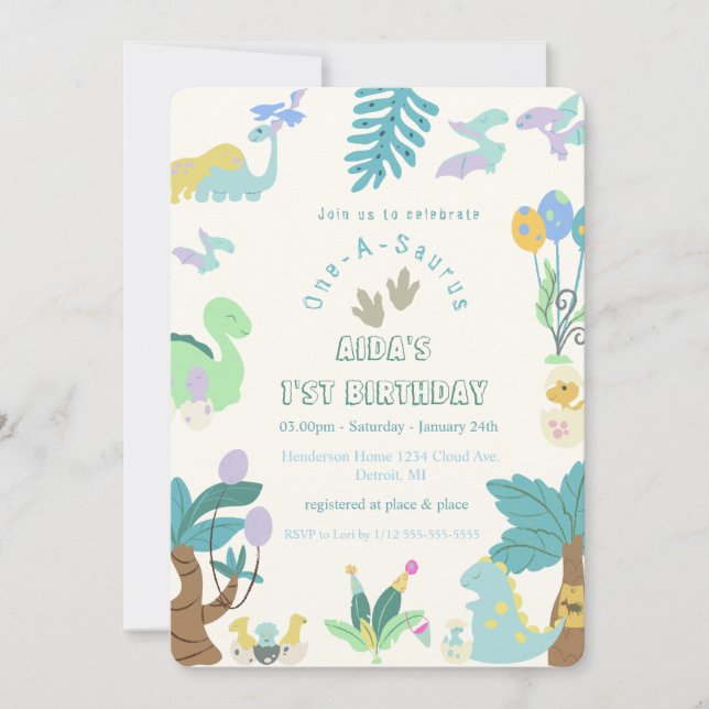 Convites Aniversário do Dinossauro Um-A-Saurus (Frente)