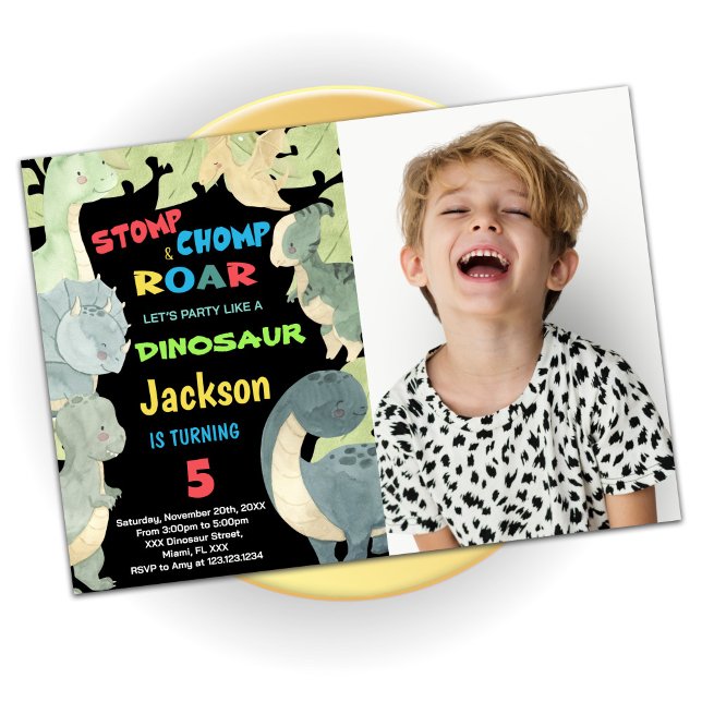Convites Aniversário do Dinossauro Verde Amarelo com Foto (Yellow Blue Green Dinosaur Birthday With Photo Invitation)