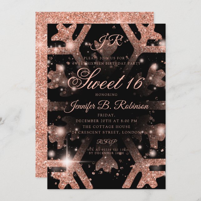 Convites Aniversário do Doce do Inverno de Rosa Dourado (Frente/Verso)