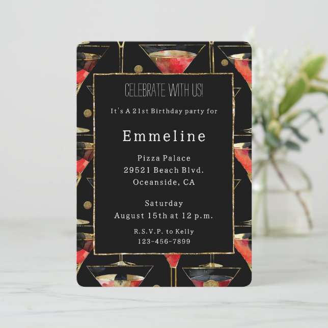 Convites Aniversário do Dourado Martini Vermelho Negro (Em pé/Frente)
