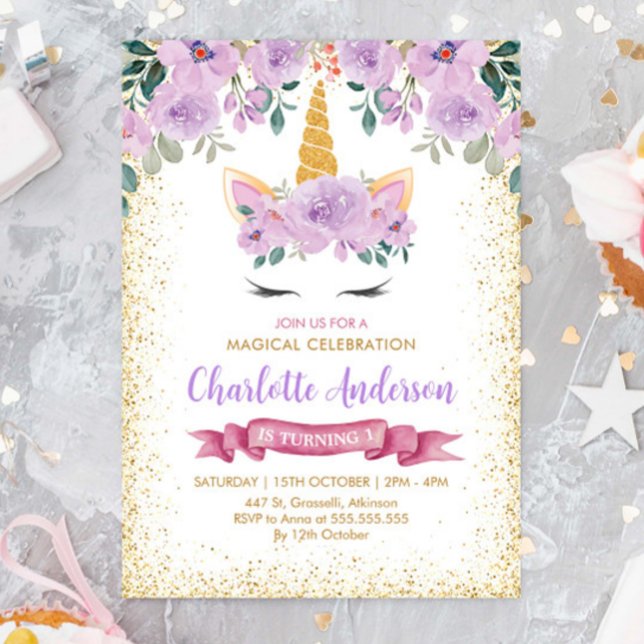 Convites Aniversário do Dourado Teal Purple Floral Unicorn (Criador carregado)
