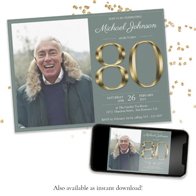 Convites Aniversário do Dourado Text Sage Green Classy Phot (80th Gold Text Sage Green Classy Photo Birthday Invitation)