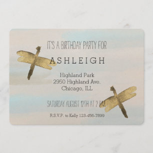Convites Aniversário do Dourado Watercolor Dragonflies