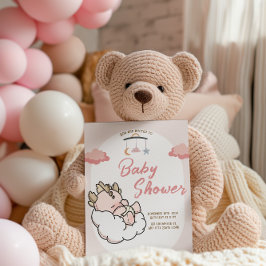 Convites Aniversário do Dragão Bebê-Nuvem Rosa-Pastel