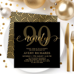 Convites Aniversário do Elegant Ninety Dourado Script Black