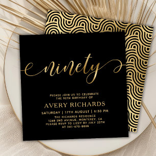Convites Aniversário do Elegant Ninety Dourado Script Black