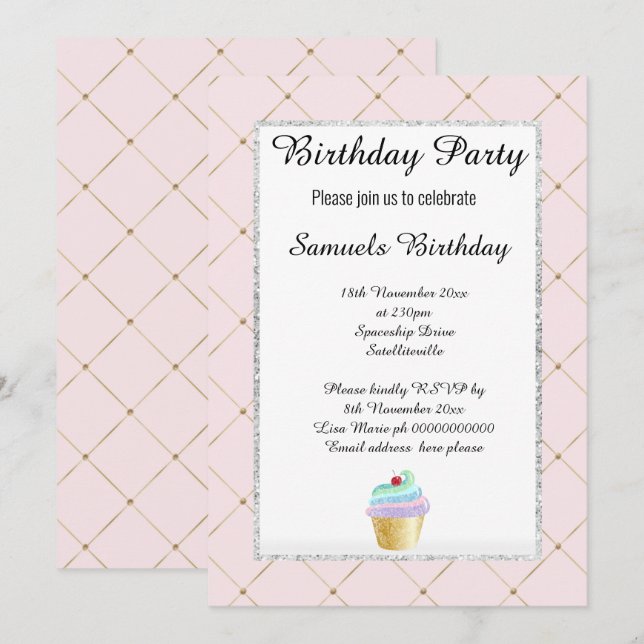 Convites Aniversário do Elegant Pattern Pink Cupcake (Frente/Verso)