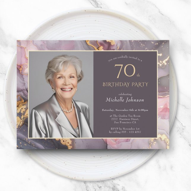 Convites Aniversário do Elegant Pink Dourado Photo 70 (Elegant Pink Gold Photo 70th Birthday Invitation)