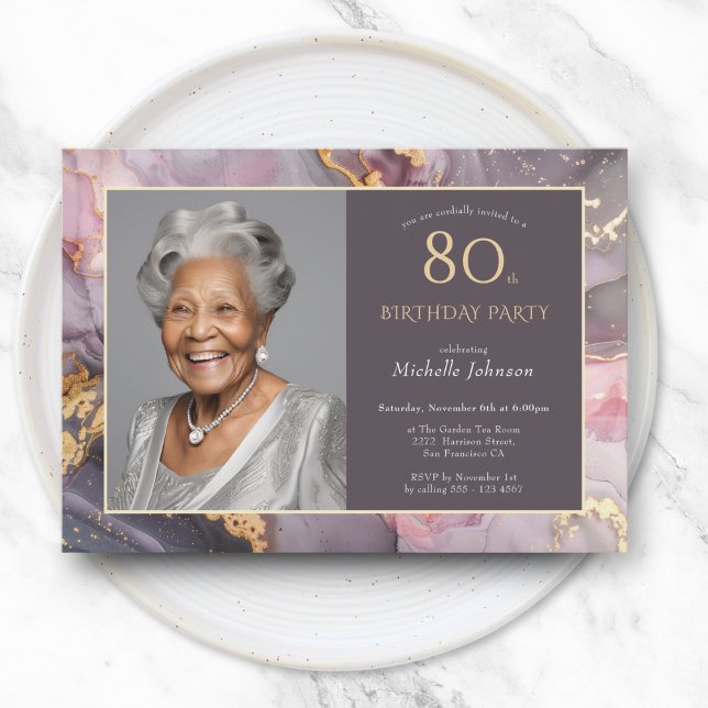 Convites Aniversário do Elegant Pink Dourado Photo 80 (Elegant Pink Gold Photo 80th Birthday Invitation)