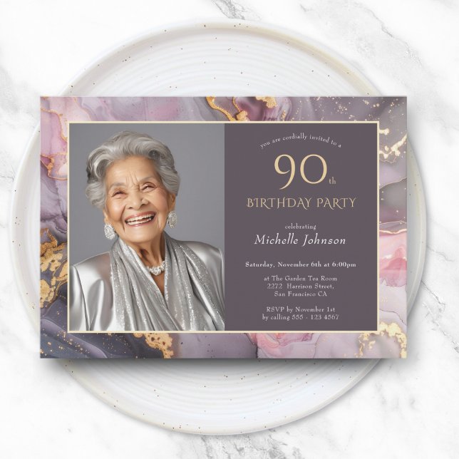 Convites Aniversário do Elegant Pink Dourado Photo 90 (Elegant Pink Gold Photo 90th Birthday Invitation)