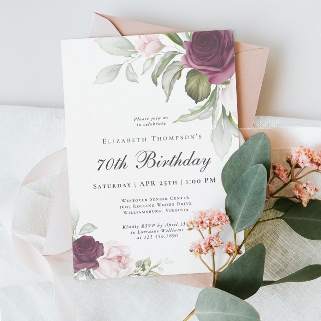 Convites Aniversário do Elegant Watercolor Botanical 70 (A beautifully feminine 70th birthday party invitation - available as printed or digital download!)