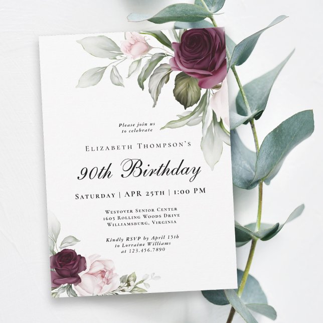 Convites Aniversário do Elegant Watercolor Botanical 90 (Celebrate 90 in beautiful style with this lovely watercolor floral invitation.)
