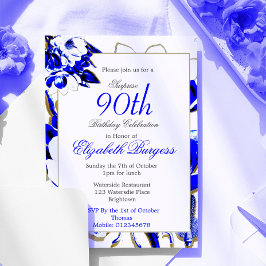 Convites Aniversário do Elegante 90 Floral Azul e Primavera